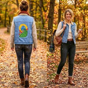Vintage Solutions Original Denim Vest Custom Embroidered Peacock - Size L